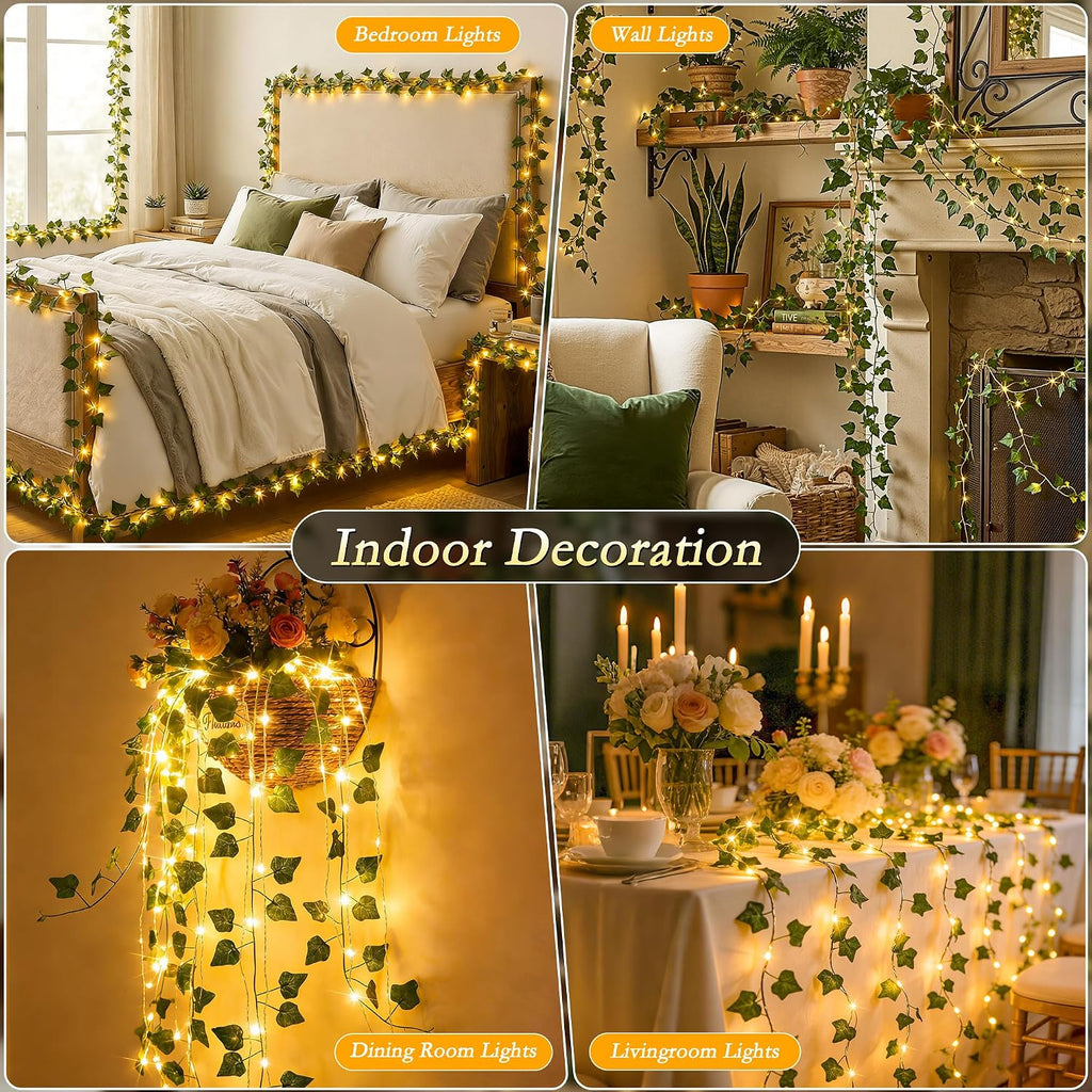 66FT Ivy Vines with Fairy Lights, IP44 Waterproof 200LED String Lights with 8 Modes & Timer, Battery Operated Artificial Greenery Garland for Aesthetic Bedroom Wall Decor, Party, Wedding