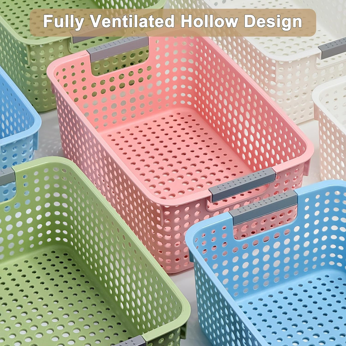 Soddeph 4-Pack Hollow Plastic Storage Baskets with Handles(White, Medium)