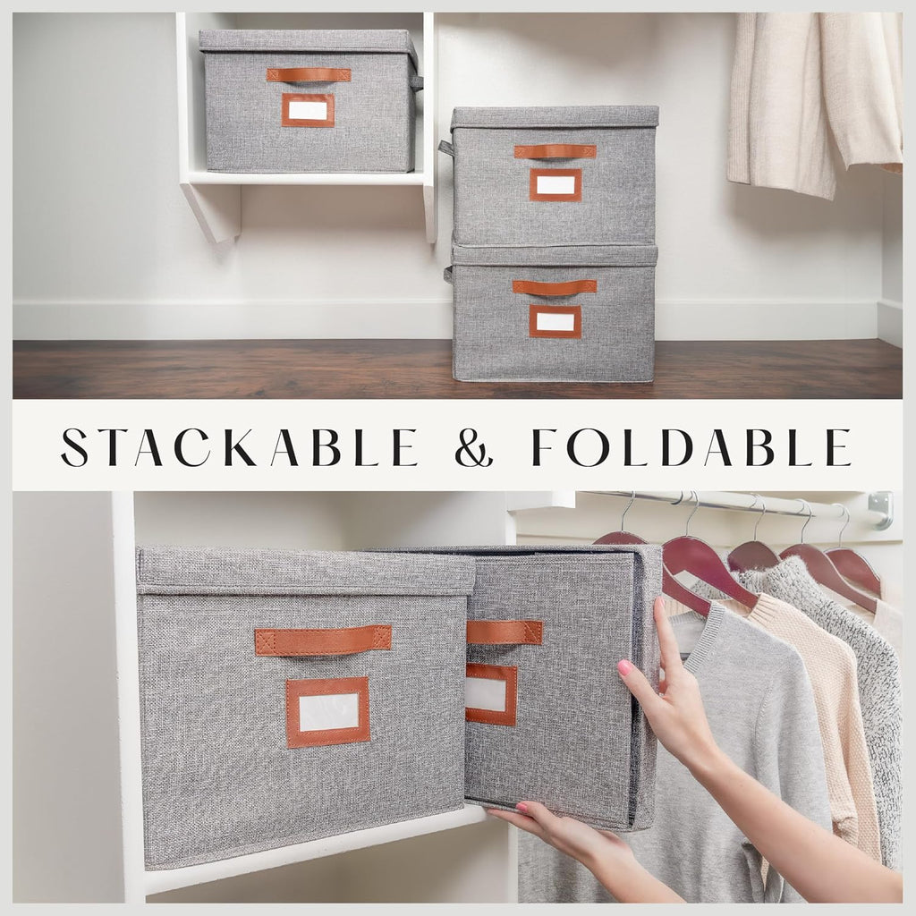 3 Pack Large Fabric Storage Boxes with Lids (15.75" x 11.25" x 11.25") - Decorative Bin with Lid, Label Holder, Faux Leather Handles - Large Storage Boxes for Organizing Clothes, Blankets - Grey