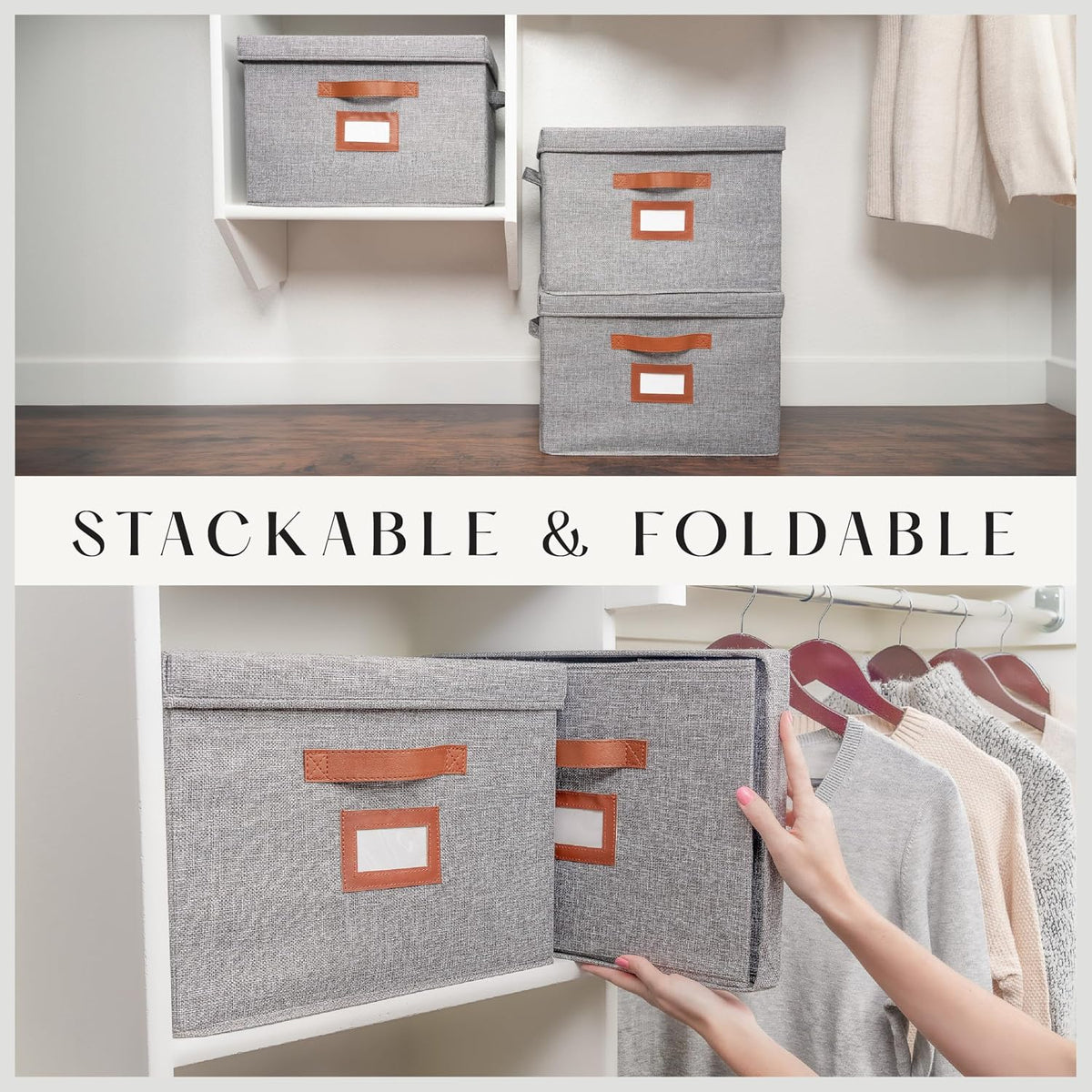 3 Pack Large Fabric Storage Boxes with Lids (15.75" x 11.25" x 11.25") - Decorative Bin with Lid, Label Holder, Faux Leather Handles - Large Storage Boxes for Organizing Clothes, Blankets - Grey
