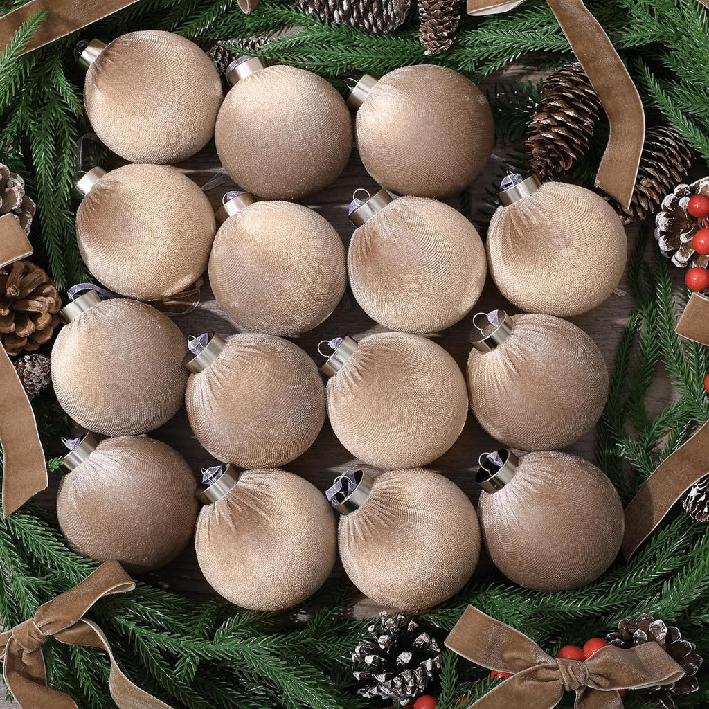 Wettarn 30 Sets Velvet Christmas Ornaments Balls & Bows, Khaki