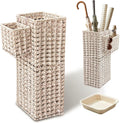 Square Wicker Umbrella Stand, Handwoven PE Rattan with Side Basket