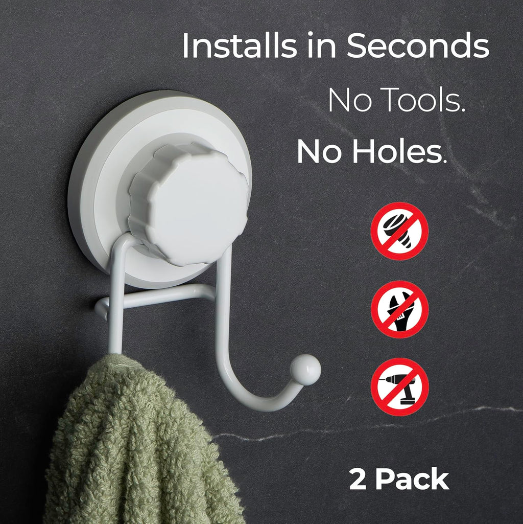 HASKO Suction Cup Hooks for Shower Wall, Removable Towel Hooks for bathrooms, Includes Optional No Drill Adhesive Mount for Inside Shower, Rustproof Stainless Steel - 2 Pack, White