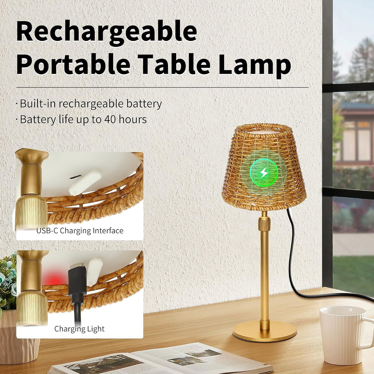 Mr.White Outdoor Waterproof Rechargeable Cordless Table Lamp with Wicker Shade, 5200mAh Battery Operated Table Light with Telescopic Pole, for Patio Restaurant Kitchen (Gold)
