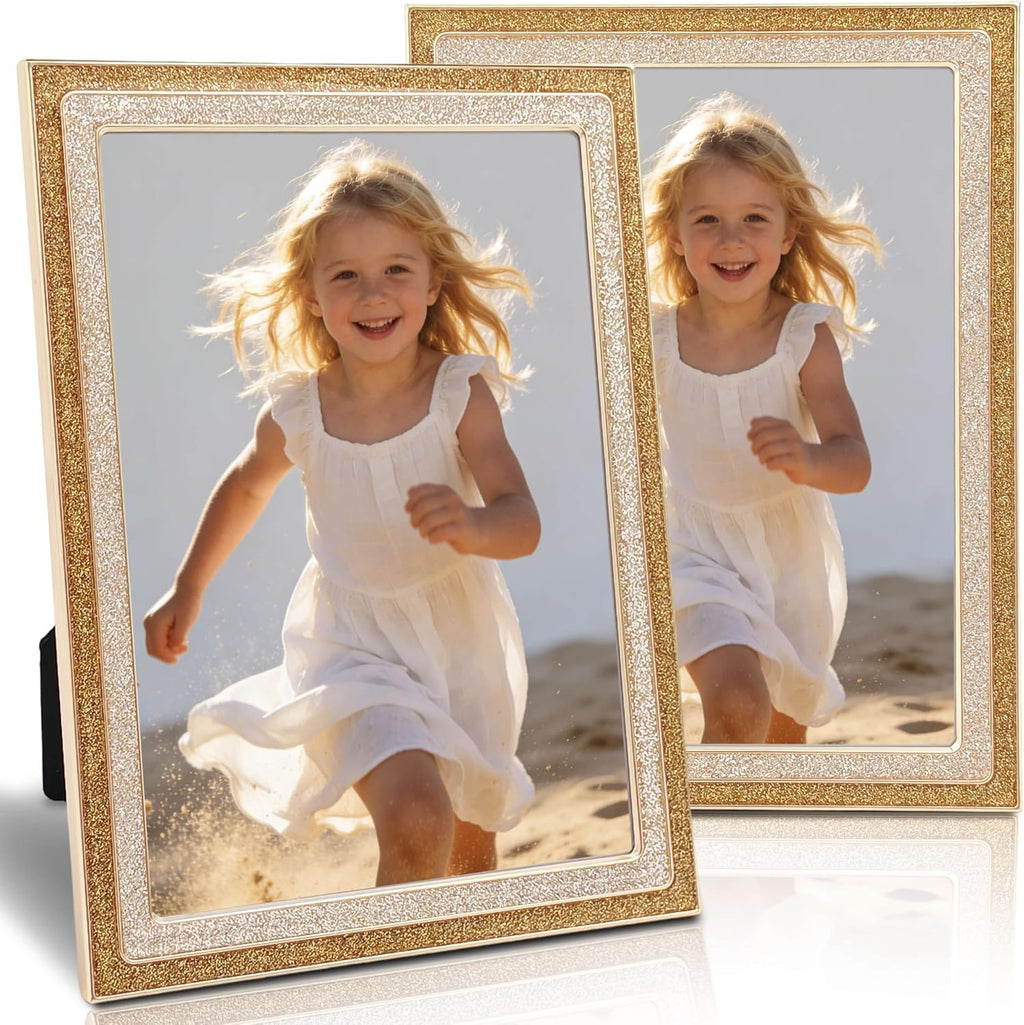 5x7 Gold Silver Picture Frame - Glittering Enamel Photo Frames with Real Glass & Velvet Back, 5 by 7 Metal Frame for Tabletop or Wall, Ideal Home Décor & Weddings Gifts (2PCS)