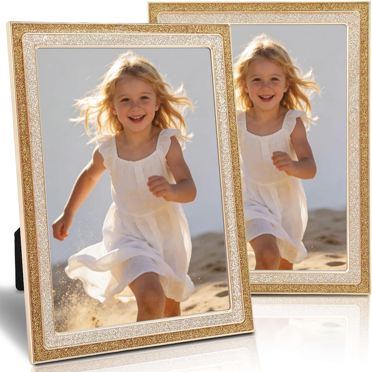 5x7 Gold Silver Picture Frame - Glittering Enamel Photo Frames with Real Glass & Velvet Back, 5 by 7 Metal Frame for Tabletop or Wall, Ideal Home Décor & Weddings Gifts (2PCS)