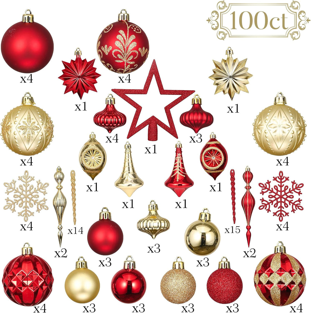 Valery Madelyn 100ct Christmas Tree Decorations Ball Ornaments Set Large
