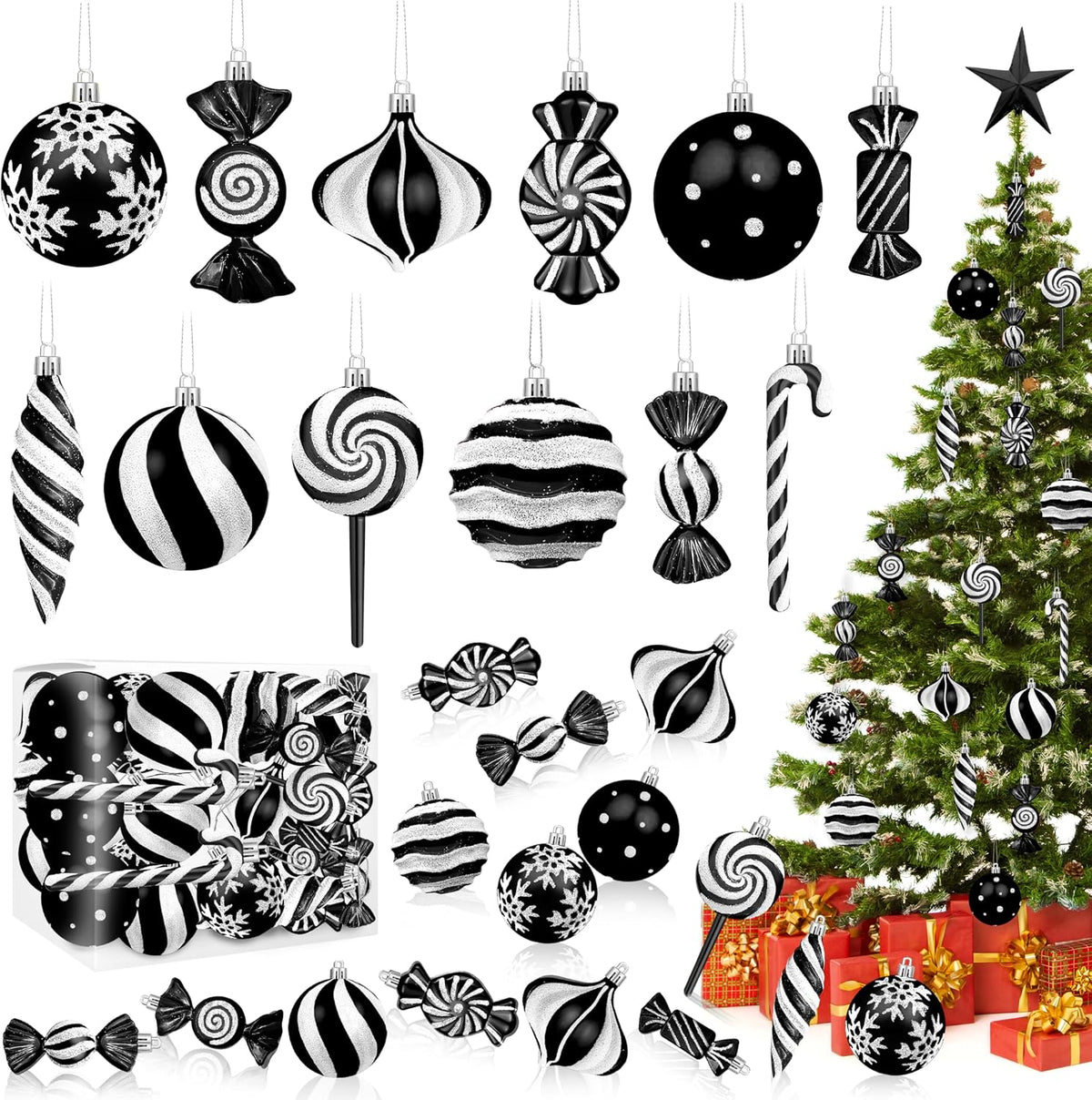48pcs Candy Christmas Ornaments Set, Hanging Black Christmas Tree Decor