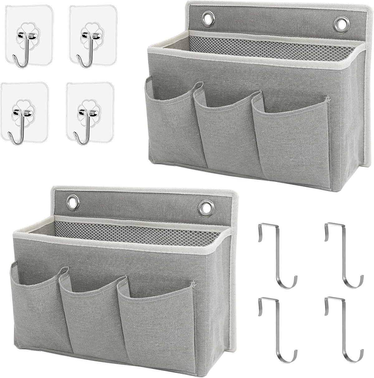 2-Pack Wall Hanging Organizer Bag/Hanging Baskets with Large Mesh Compartment & 3 Pockets，Over the Door Organizer Space Saving Storage for Bedroom,RV Camper, Closet (Gray -2 Pack)