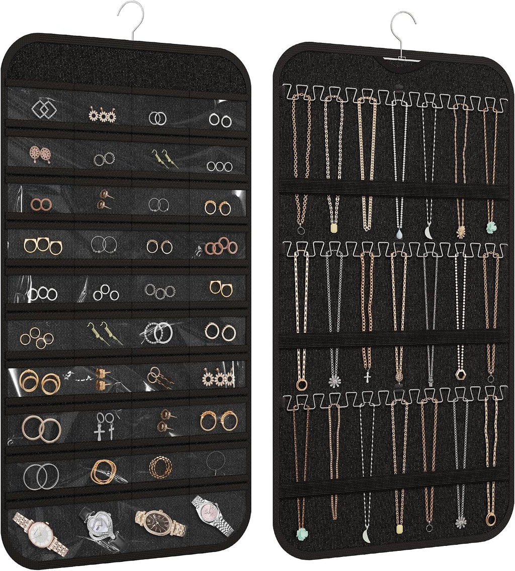 Double-Sided Hanging Jewelry Organizer for Necklaces Earrings, 2-Pack Black