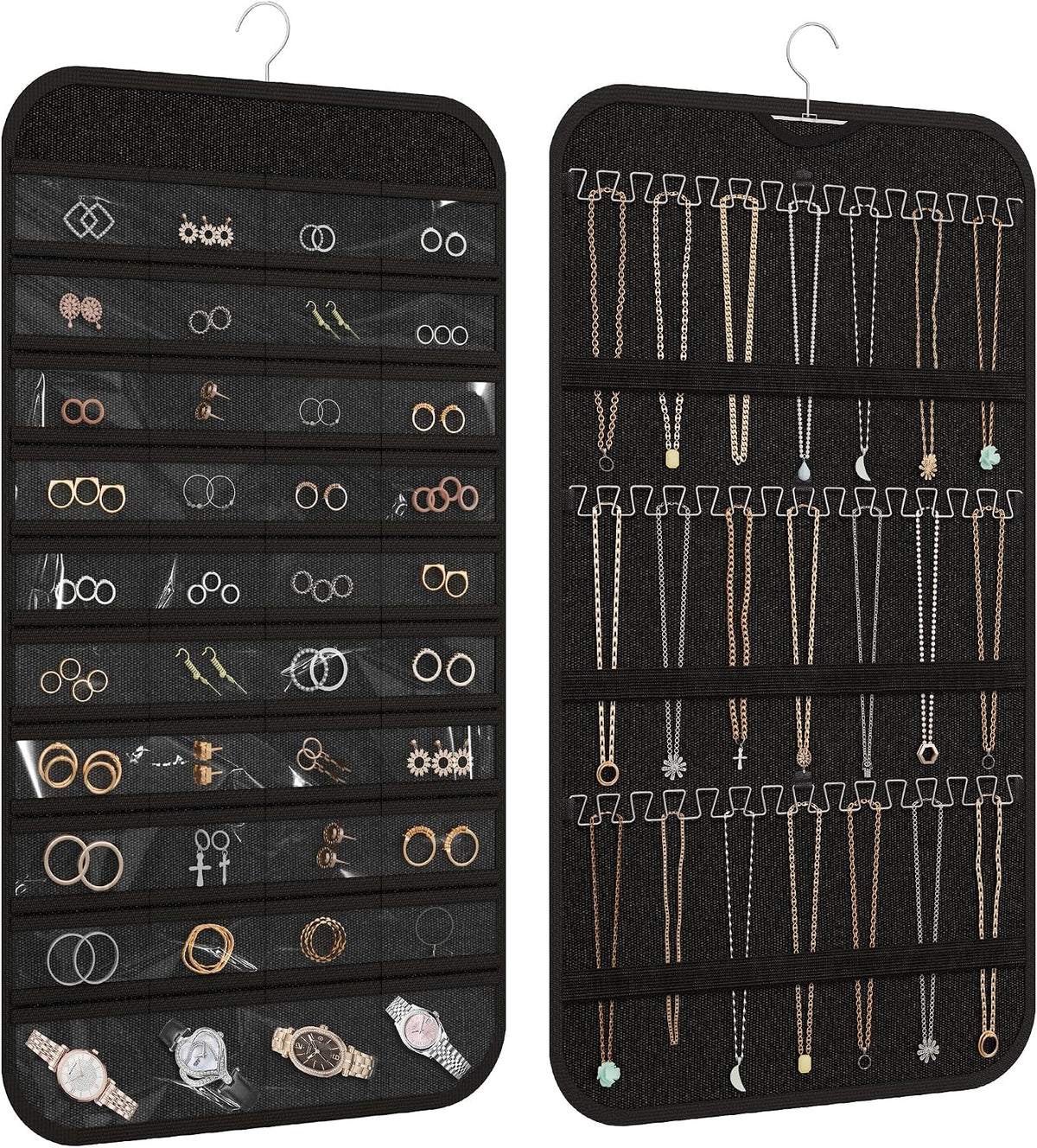 Double-Sided Hanging Jewelry Organizer for Necklaces Earrings, 2-Pack Black