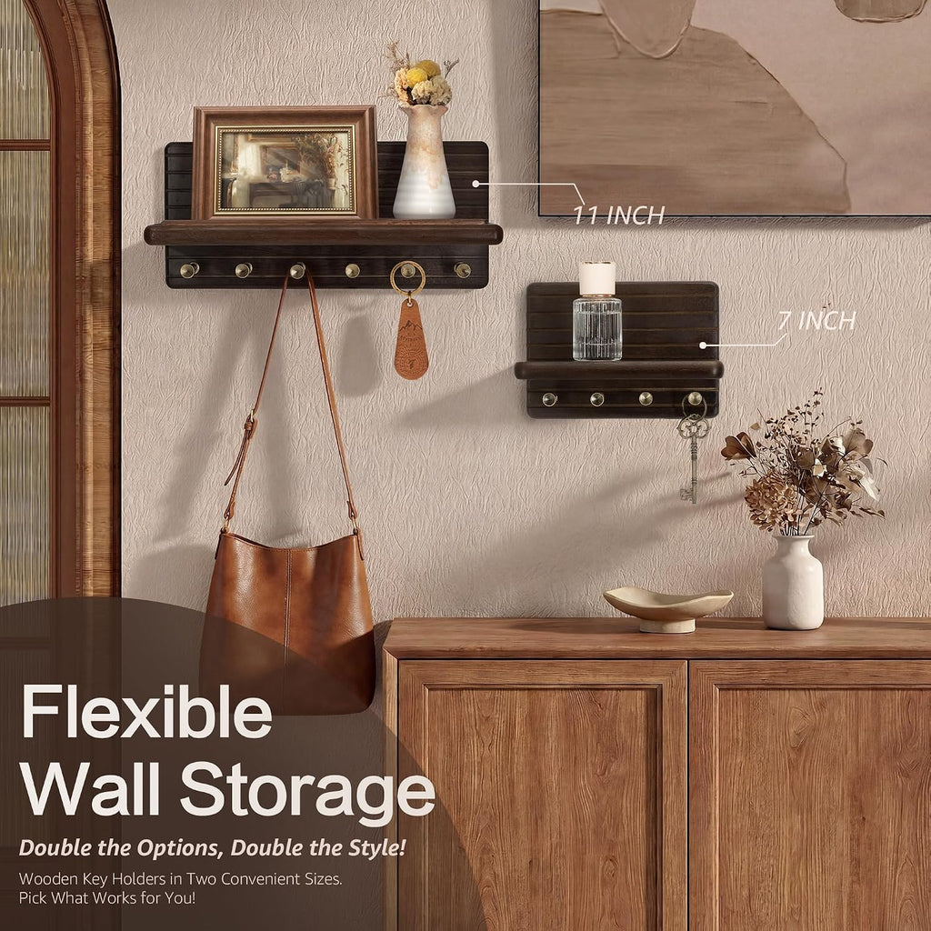 Rebee Vision Acacia Wood Key Holder Wall Mount for Entryway, Dark Brown