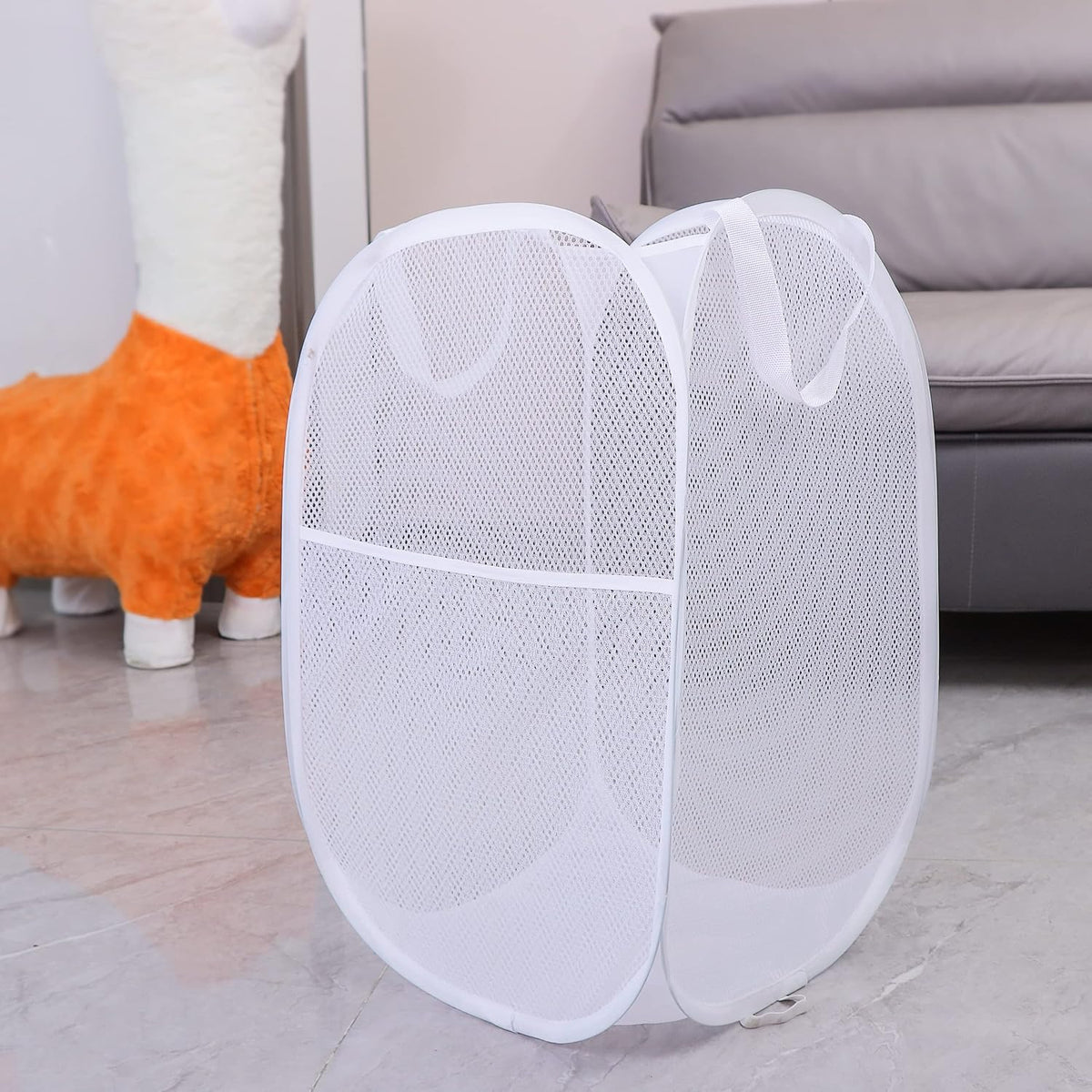 2 Pack Laundry Basket,Foldable Mesh Popup Laundry Hamper with Durable Handle,Easy to Open and Fold for Dorm, Laundry Room, Bedroom, RV(White+ White)…