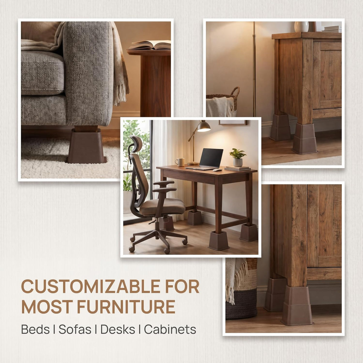Bed Risers 8-Pack - Stackable Furniture Lifts for 3, 5 or 8 Inch Adjustable Height, 2200 Lbs Capacity Brown Square Sofa and Desk Elevators for Under Bed Storage