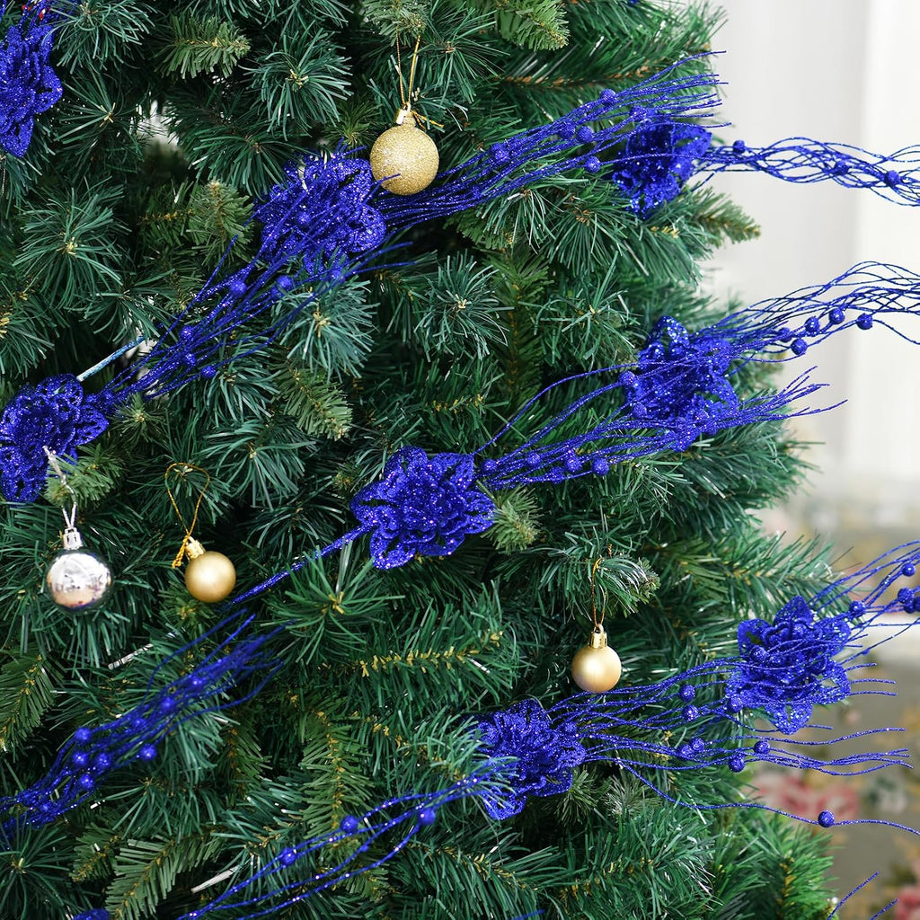 10pcs Artificial Glitter Poinsettia Flower Berry Stem Ornaments Christmas Tree Picks Branches for Xmas Tree Decorations Gift Home Wedding Holiday Party Decor, Royal Blue