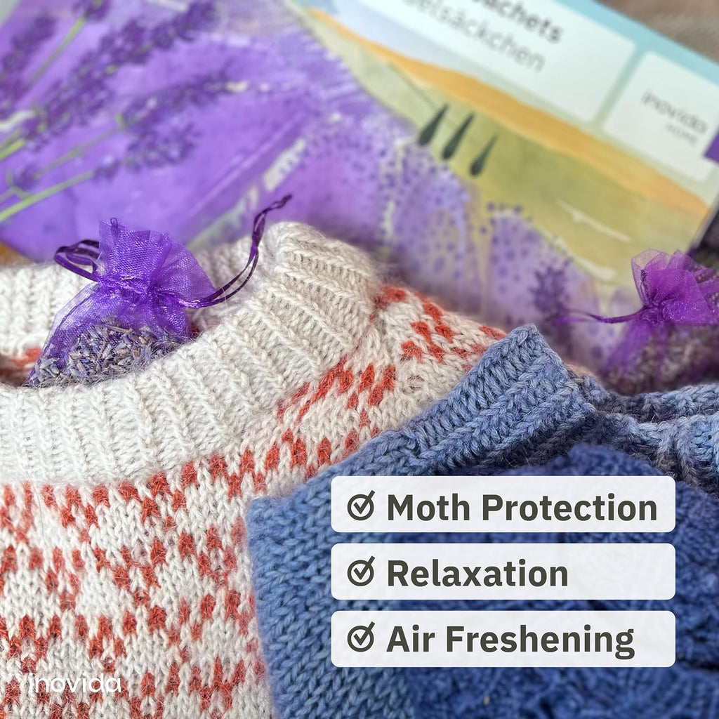 Inovida 20x Lavender Sachets - Stop Clothes Damage - Sachet Bags for Drawers, Closets, Wardrobe, Cars - 100% Natural Dried Flowers - Room Air Freshener, Closet Scent