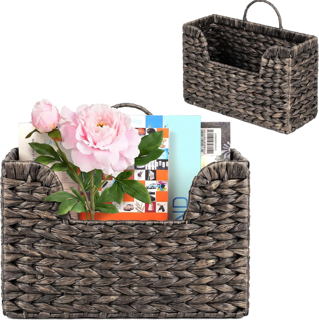 Handwoven Water Hyacinth Wall Magazine Holder - Natural Hanging Organizer for Mail, Newspapers & Magazines, Books & Files - Decorative Storage Basket for Bathroom, Living Room, Office.(Espresso Color)