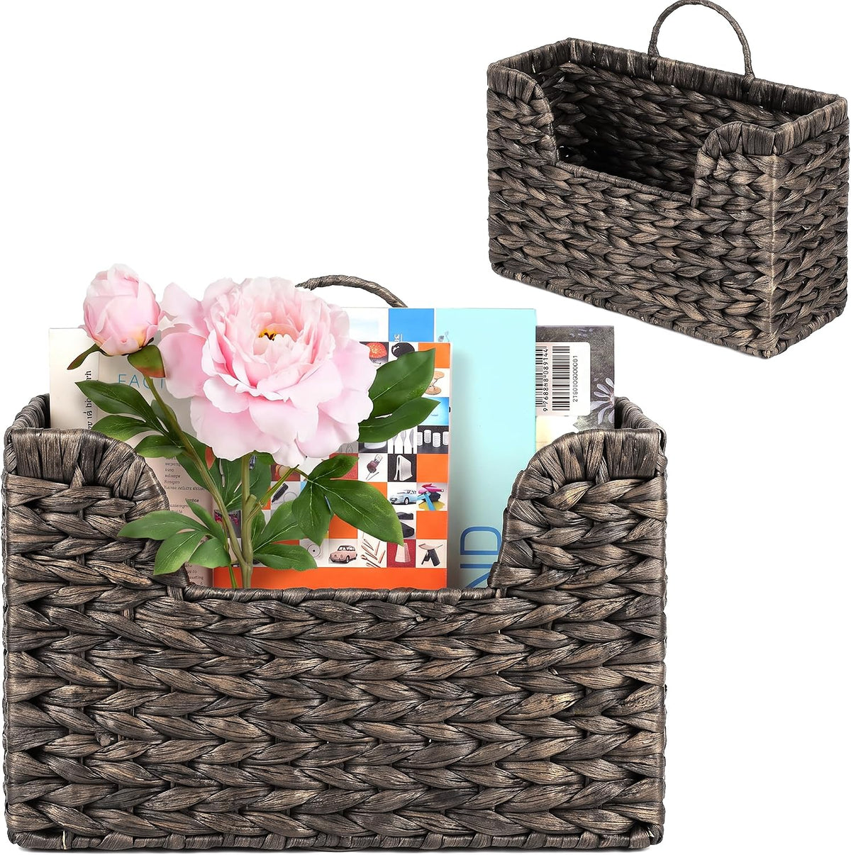 Handwoven Water Hyacinth Wall Magazine Holder - Natural Hanging Organizer for Mail, Newspapers & Magazines, Books & Files - Decorative Storage Basket for Bathroom, Living Room, Office.(Espresso Color)
