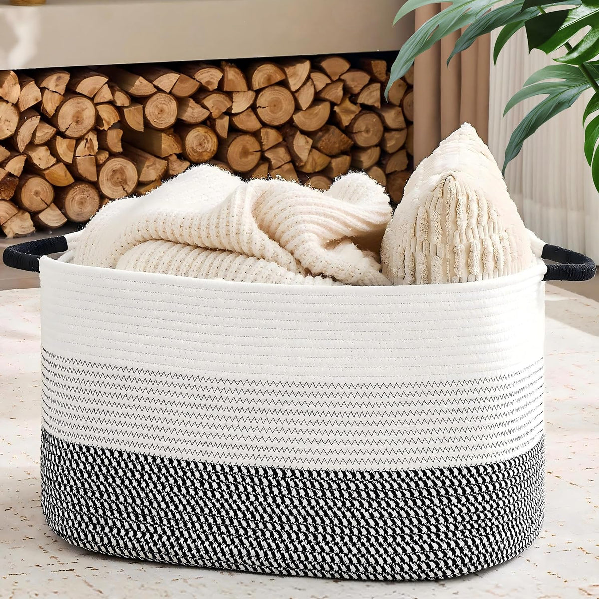 Large Blanket Basket, 75L Woven Rope Storage Basket 22x17x12 in