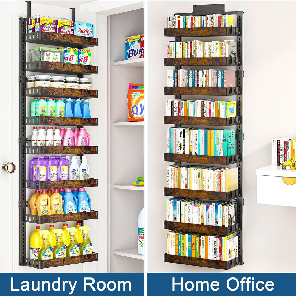 BUKFEN 8-Tier Over the Door Pantry Organizer, Adjustable Wooden Basket