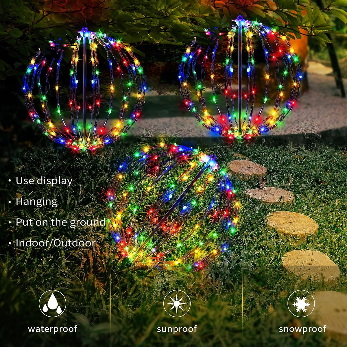 3 Pack Christmas Light Balls, 16 Inch Foldable Sphere Decor, Multicolor