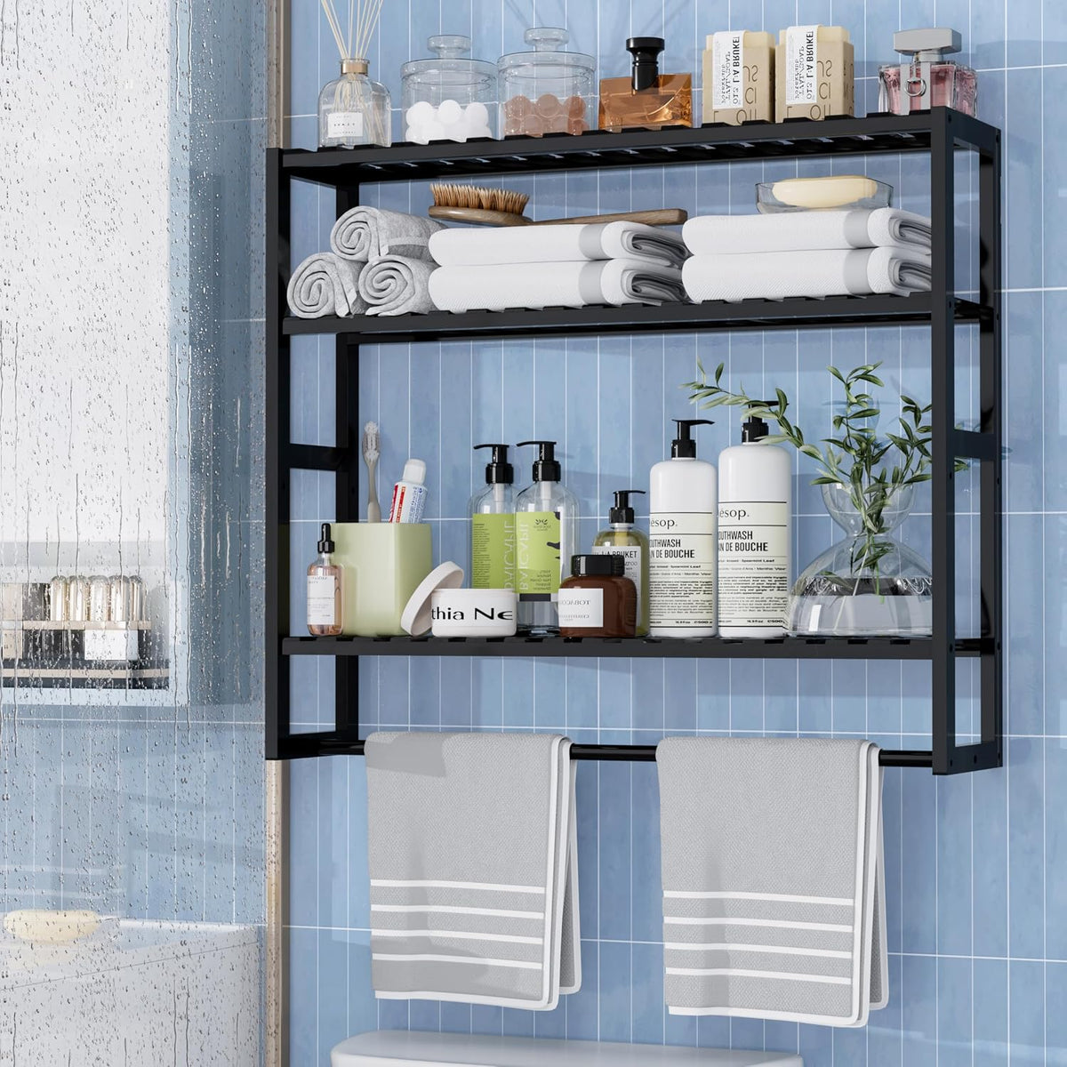 PPN 100% Bamboo Extra Large Towel Rack Bathroom Storage Shelves