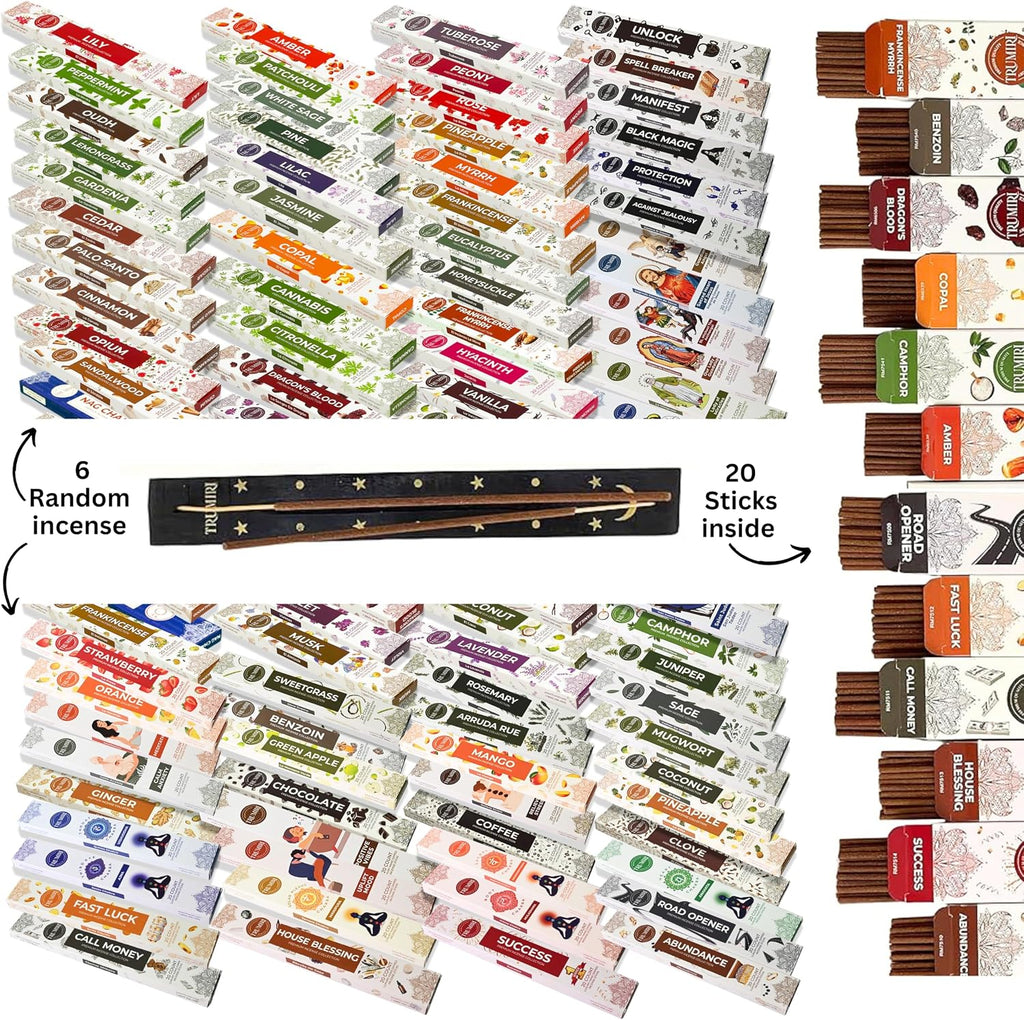 Trumiri Incense - 6 Random Scents Variety Pack - 20 Incense Sticks per Scent - Total 120 Incense + Holder Burner