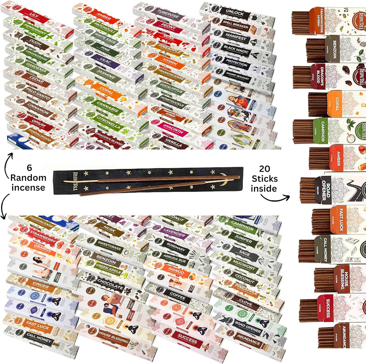 Trumiri Incense - 6 Random Scents Variety Pack - 20 Incense Sticks per Scent - Total 120 Incense + Holder Burner