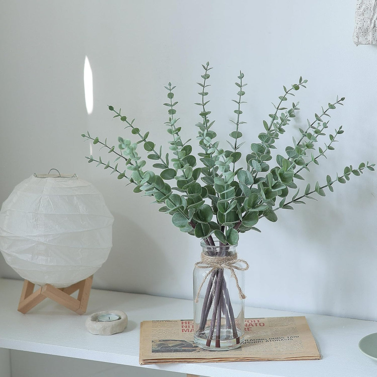 17.5" Artificial Eucalyptus Stems in Glass Vase with Faux Water(Sage Green)