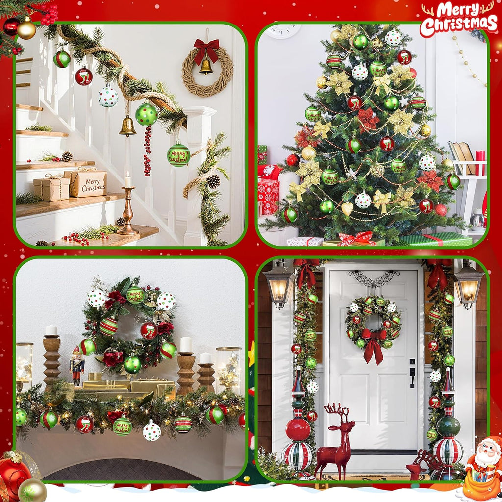 24Pcs 2.4 Inch Christmas Ball Ornaments for Tree, Glittering Red Green White Elf Bulbs Set for Christmas Tree Decorations, Plastic Shatterproof Hanging Ornament Xmas Baubles for Home Party Decor