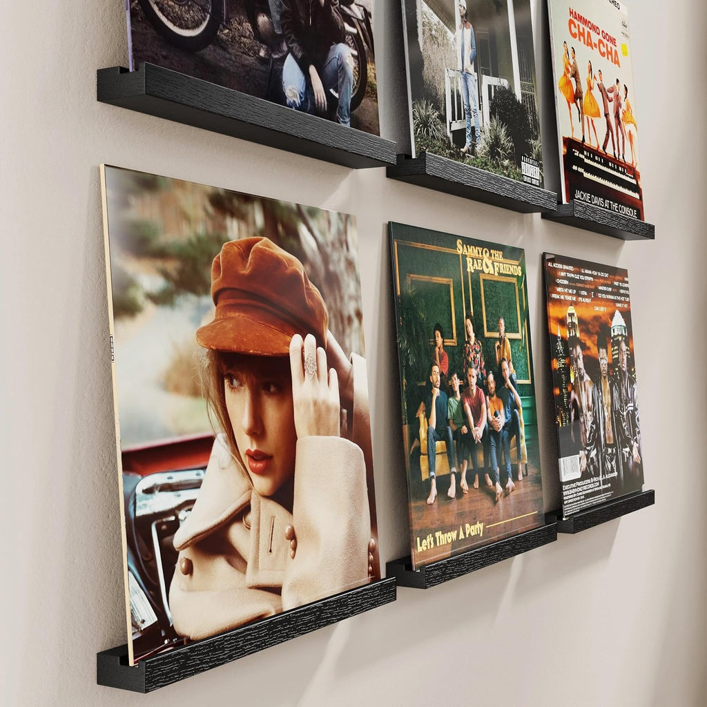 Emfogo Vinyl Record Shelf Wall Mount, 6 Pack Album Record Holder Wall, 12 inch Vinyl Record Storage Shelves Wall, Wood Record Display for Living Room(Black)