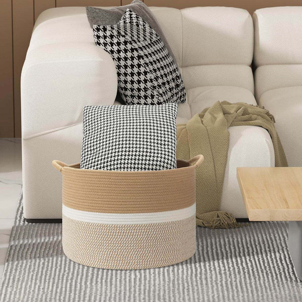 Large Blanket Basket (20"x13"),Woven Basket for Storage Dirty Clothes for Laundry, Living Room, Nursery, Bedroom Rope Storage Basket for Blankets（Double/Brown)