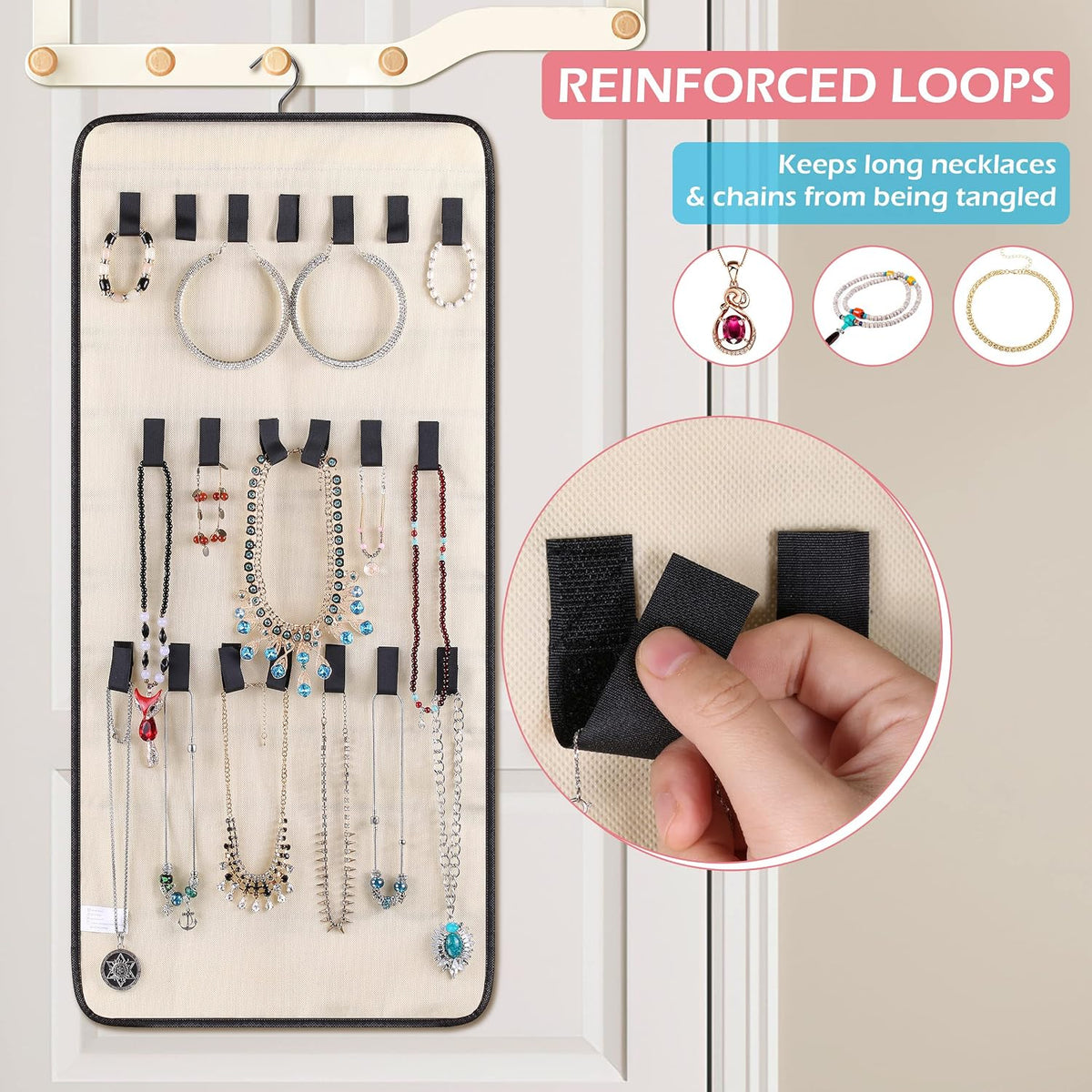 MISSLO Dual-sided Hanging Jewelry Organizer with 40 Pockets and 20 Hook & Loops Closet Necklace Holder for Earring Bracelet Ring Chain with Rotating Hanger, Beige