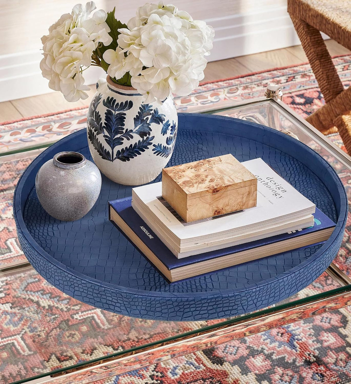 HofferRuffer Round Serving Tray 20'', Elegant Faux Leather Circle Ottoman Table Tray, Serve Tea Coffee Breakfast in Bedroom Living Room Kitchen (Blue, 20")