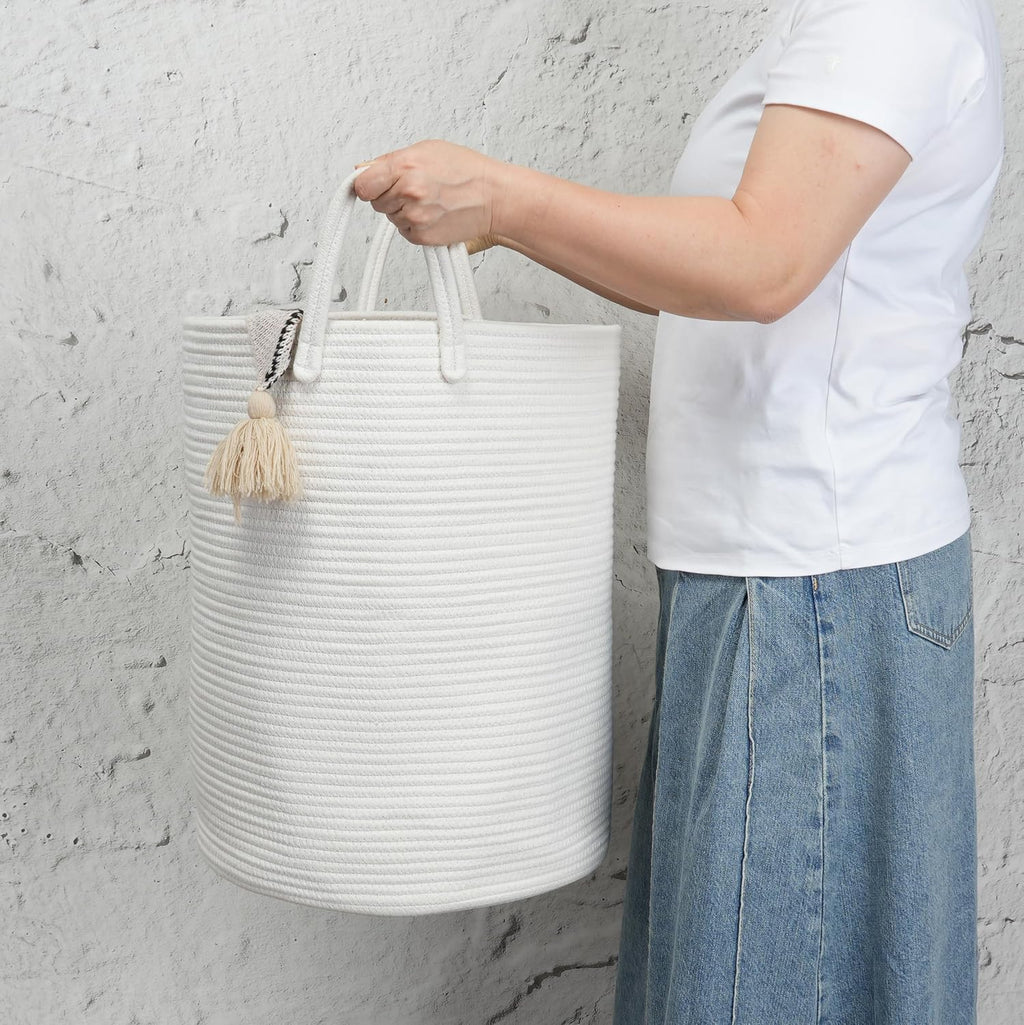 Woven Cotton Rope Laundry Basket, 15" x 20" Laundry Hamper, White