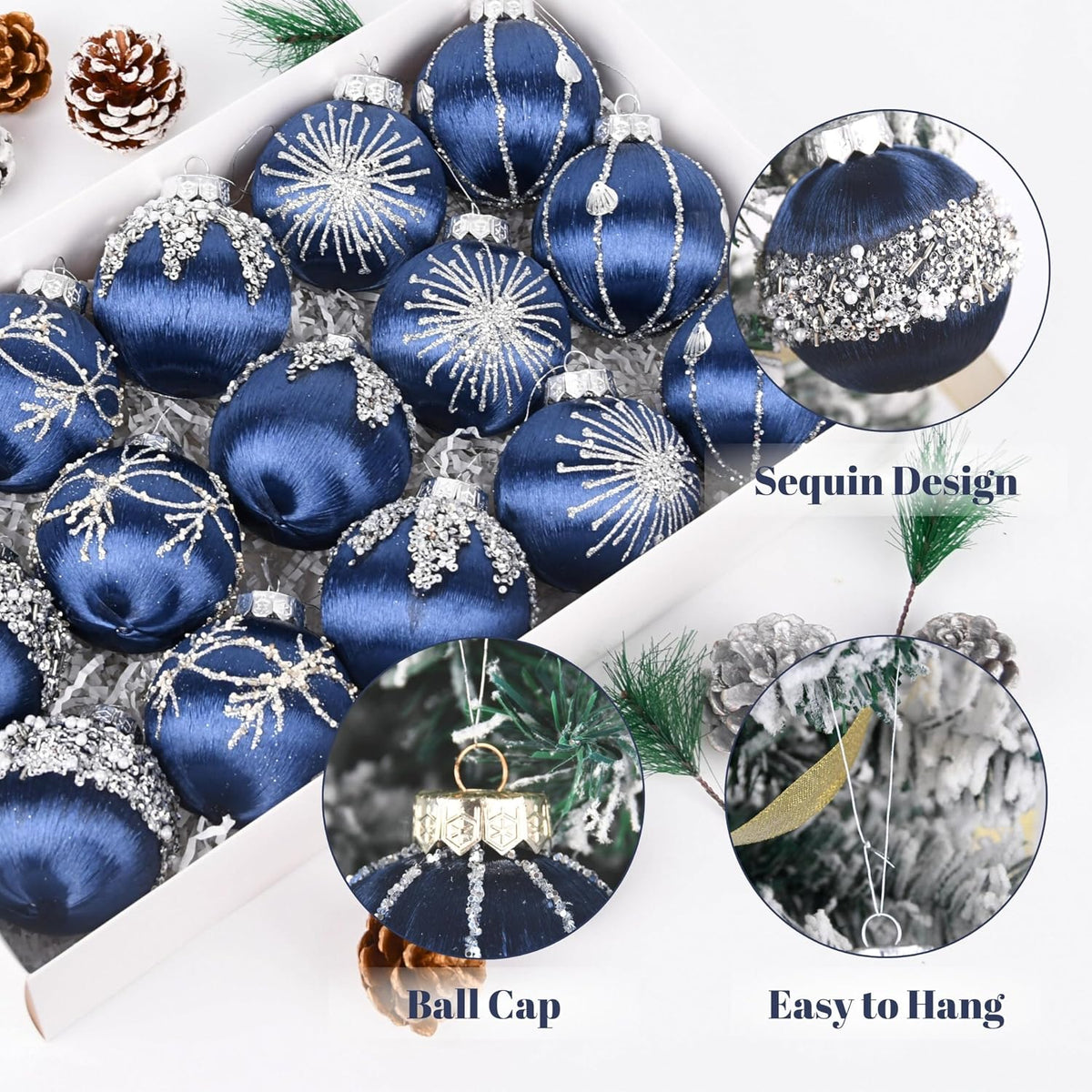 Christmas Balls Navy Blue Ornaments - Pack of 15 Luxury Christmas Tree Decorations Shatterproof - Satin Glitter Xmas Bulbs Set, 80mm 3.15 inch
