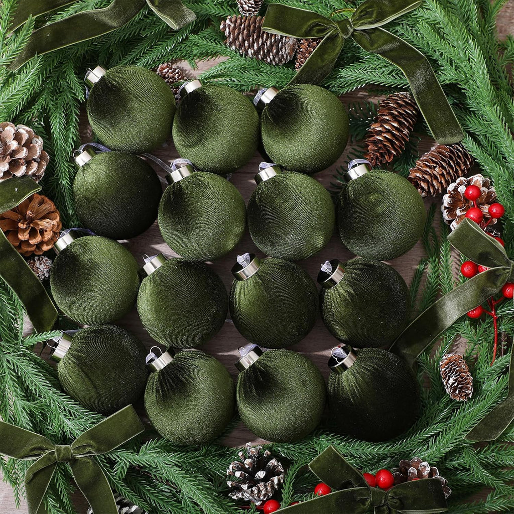Wettarn 30 Sets Velvet Christmas Ornaments Balls & Bows, Green