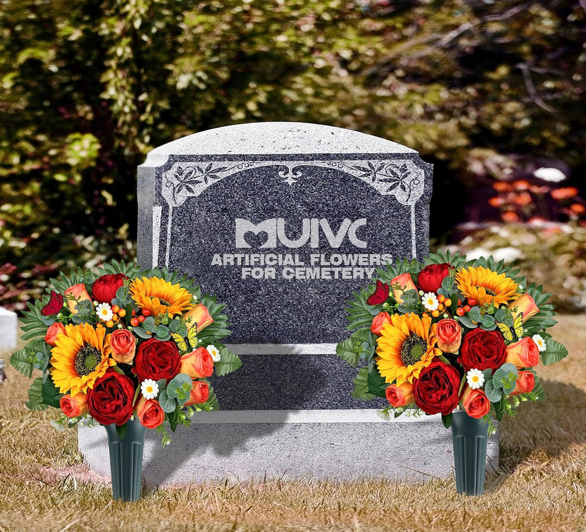 MUVIC Artificial Cemetery Flowers for Outdoor Grave Decorations，Memorial Flower- Realistic Sunflower Rose - Sympathy Bouquet
