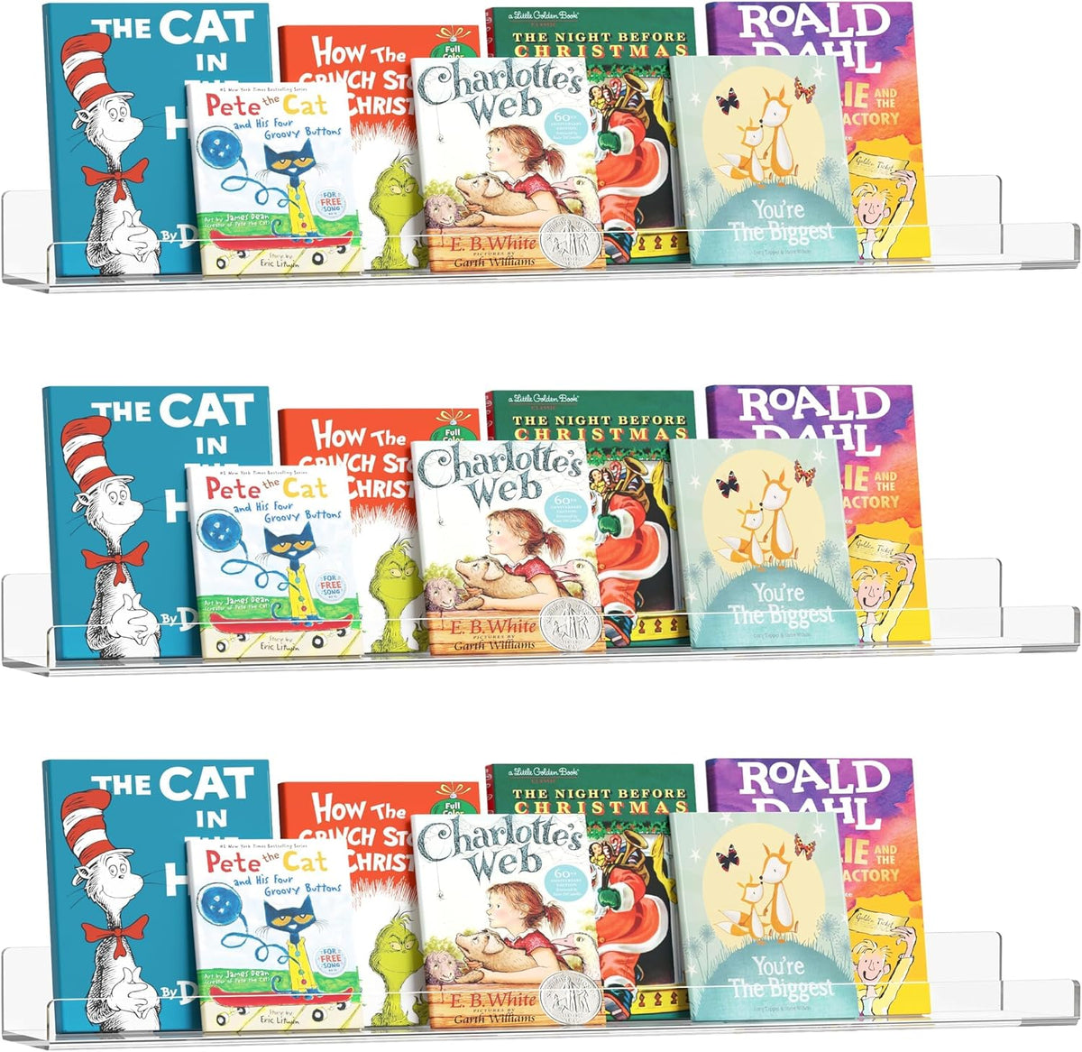 36 Inches Clear Acrylic Floating Shelves Wall, Bookshelf for Kids, Nursery Book Shelves, Magazine Rack, Picture Ledge Shelf for Photo Frames Vinyl Records, Pack of 3