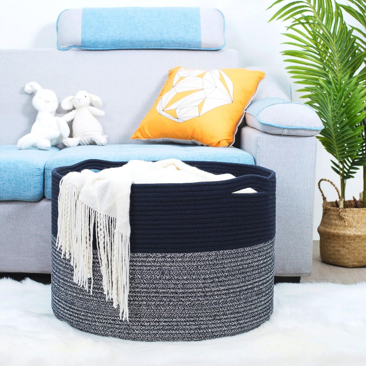 MINTWOOD Design Extra Large 22 x 14 Inches Blanket Storage Basket, Laundry Basket, Decorative Woven Cotton Rope Baskets for Blanket Storage Living Room, Dog Toy Storage Basket Bin, Navy Blue