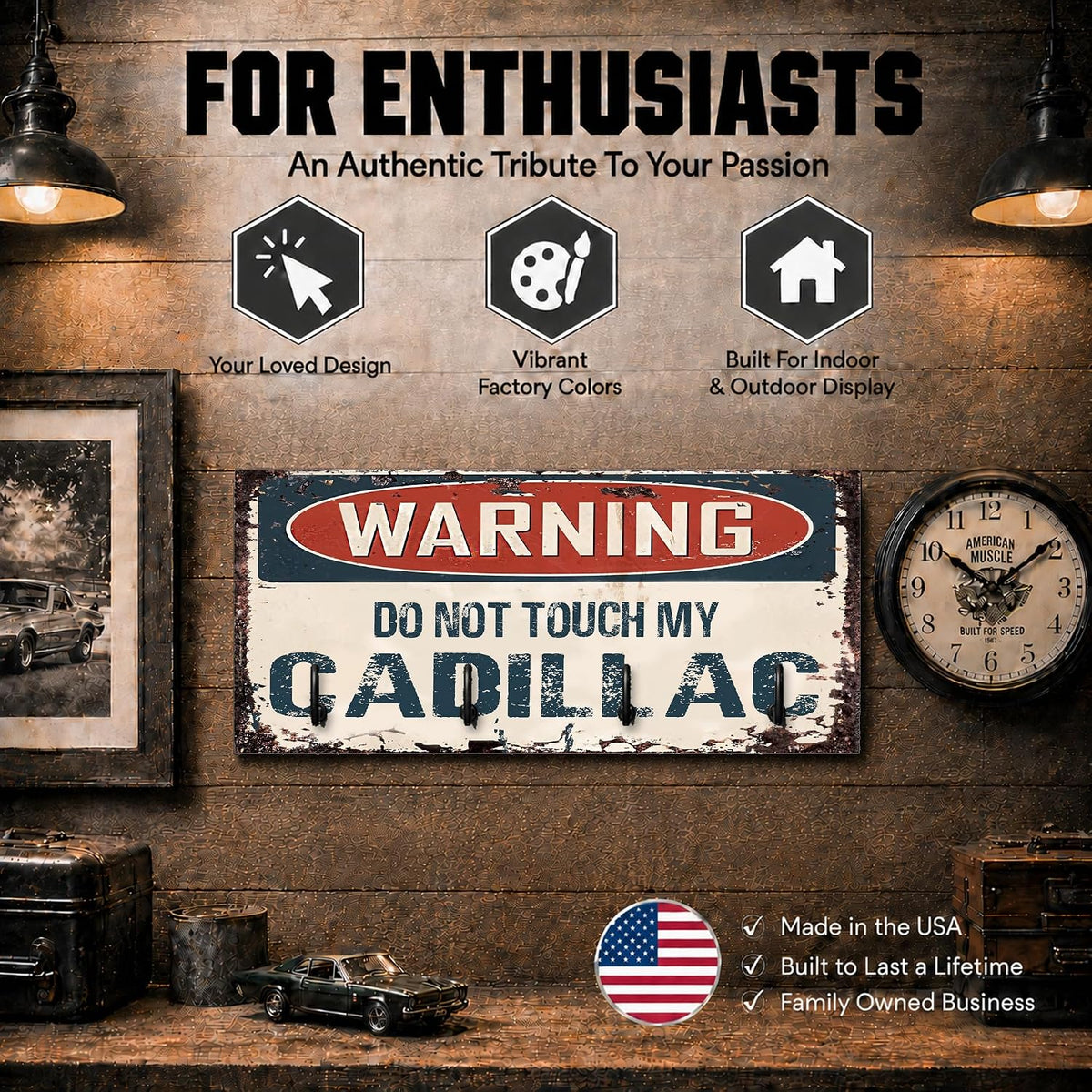 Compatible with Cadillac Warning Do Not Touch My Cadillac Rusty Grunge Old Antique Design Key Hanger Organizer Wall Mount Rack For Holders the Home Keys Ring Decorative Hangers Decor Hook Holder
