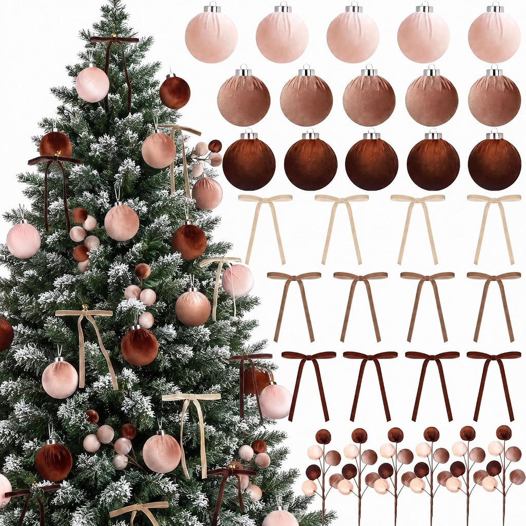 Ouddy Decor 33 Pcs Velvet Neutral Christmas Ornaments Set, Brown & Beige