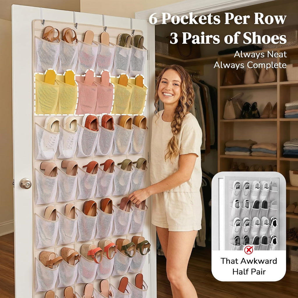48 Pockets Over the Door Shoe Organizer, Fits Women's Shoes Up to US Size 9, 6-Column Heavy Duty Shoe Storage for Sneakers & Heels, Mesh Hanging Rack for Entryway, Bedroom & Dorm, Beige