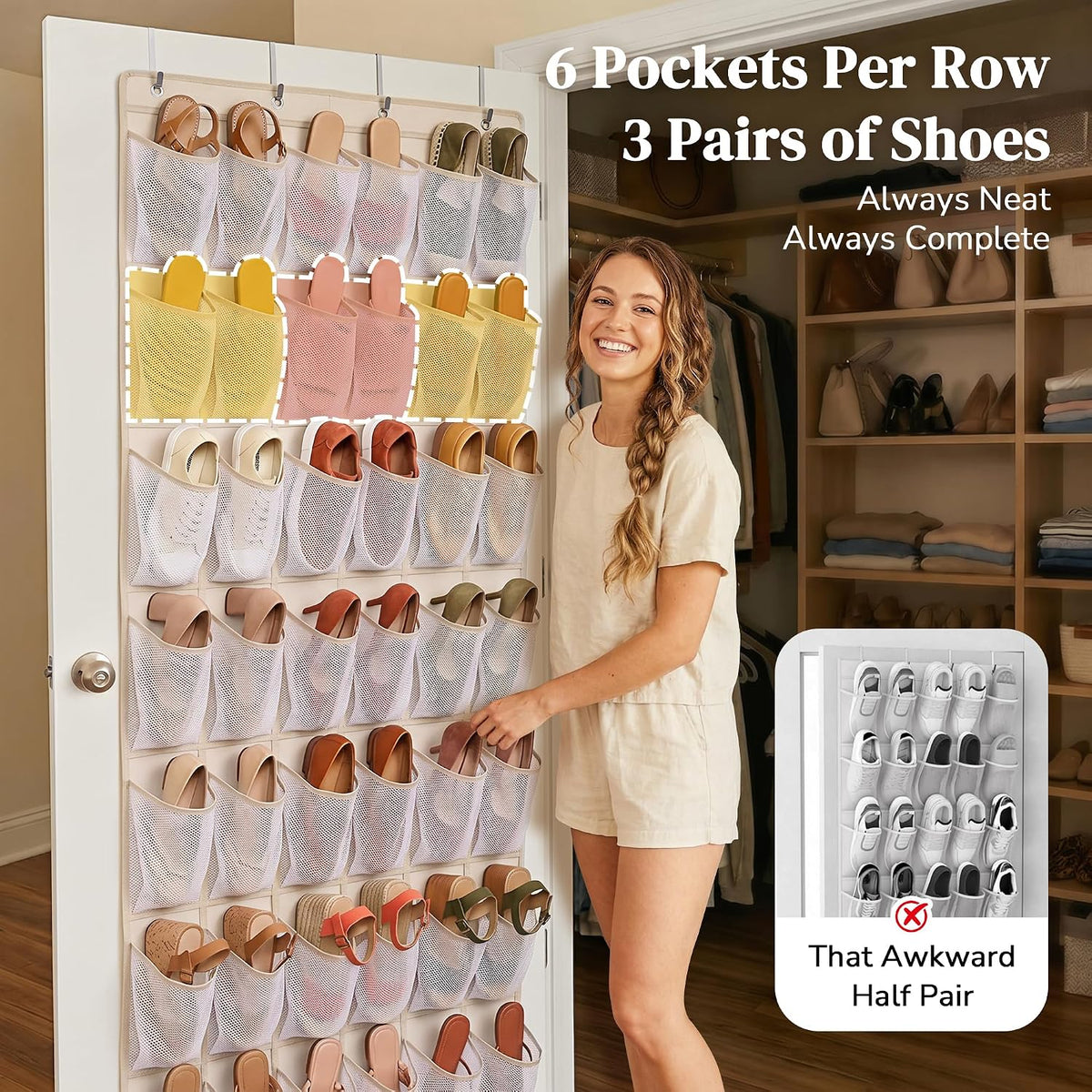 48 Pockets Over the Door Shoe Organizer, Fits Women's Shoes Up to US Size 9, 6-Column Heavy Duty Shoe Storage for Sneakers & Heels, Mesh Hanging Rack for Entryway, Bedroom & Dorm, Beige