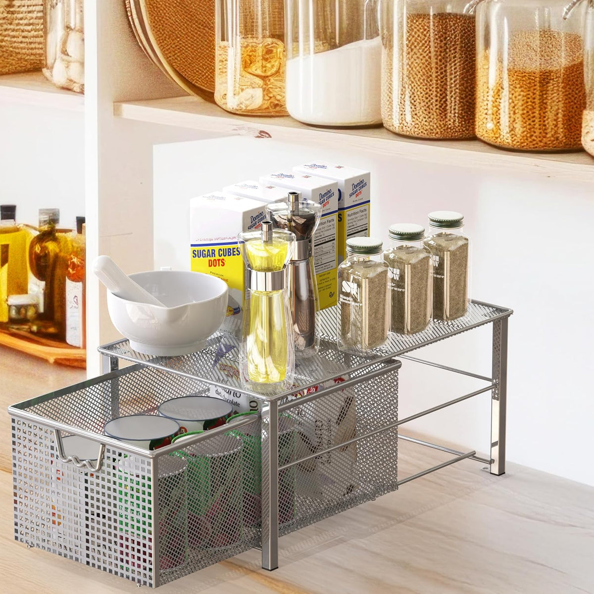 Deco Brothers Stackable Pull Out Cabinet Sliding Basket with Divider, Large