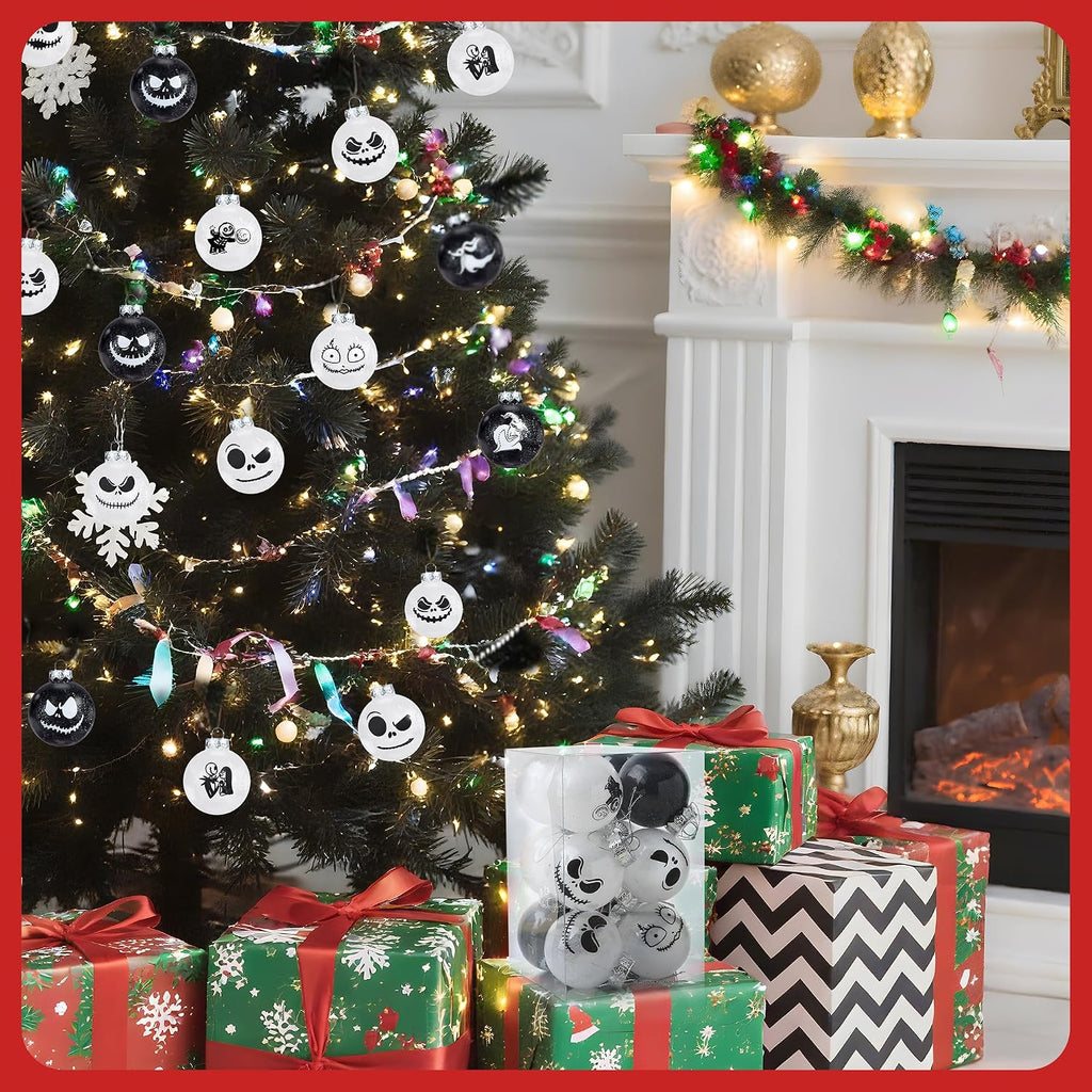 Nightmare Christmas Ball Ornaments Set, Skull Pattern Jack White and Black Xmas Tree Decorations, Plastic Shatterproof Hanging Balls Halloween Decor, 2.36”/60mm (24, White and Black)