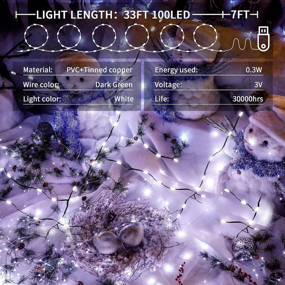 Fairy Lights 33 FT 100 LED USB Twinkle String Lights Plug in Lights with Remote and Timer 8 Modes Waterproof Dark Green Wire for Bedroom Christmas Tree Indoor Outdoor Decoration White