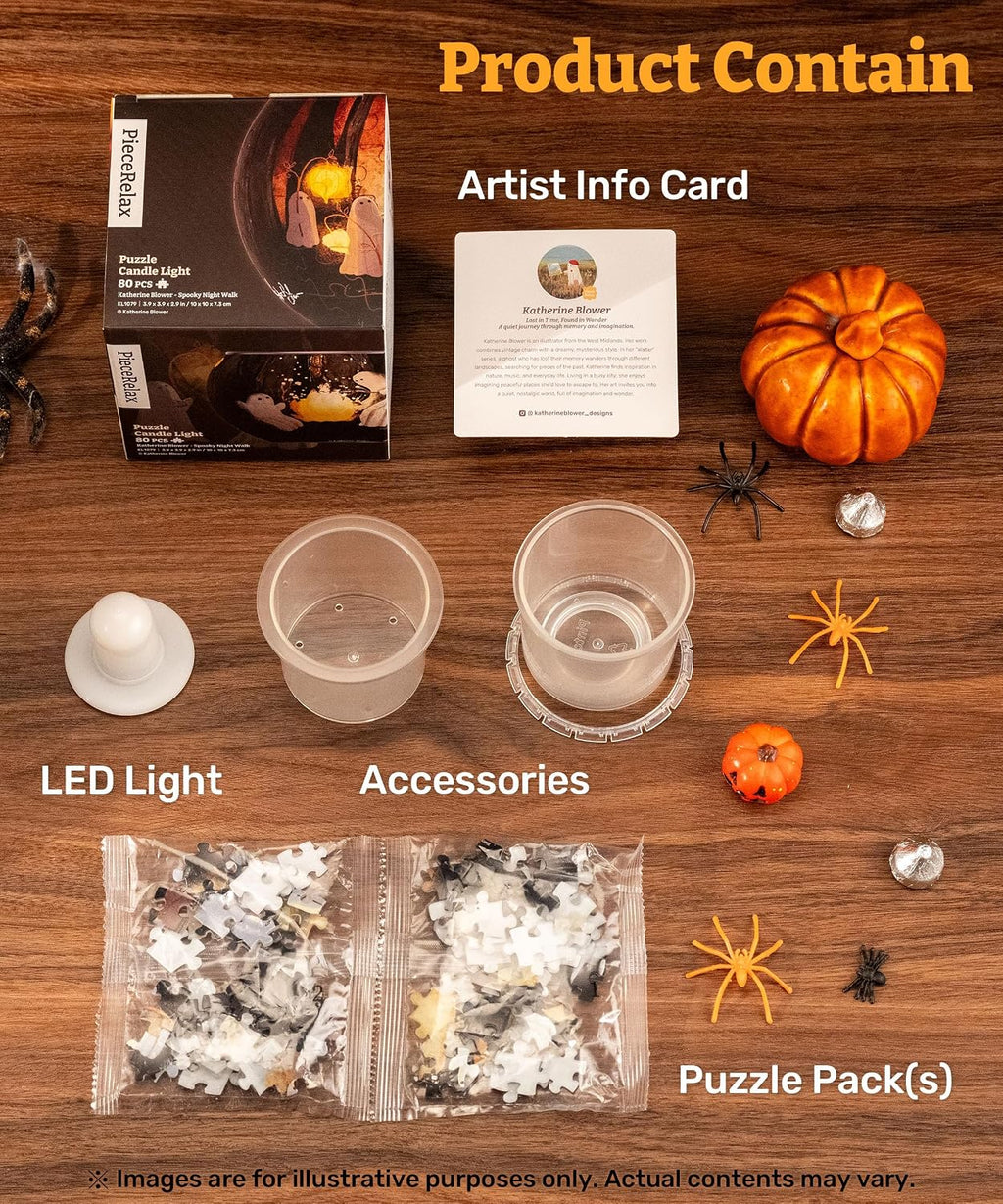 PieceRelax LED 3D Puzzle Candle Light 80 Plastic Pieces – Katherine Blower – Spooky Night Walk - Rechargeable Plastic Pumpkins for Indoor & Outdoor Spooky Decorations [KL1079]
