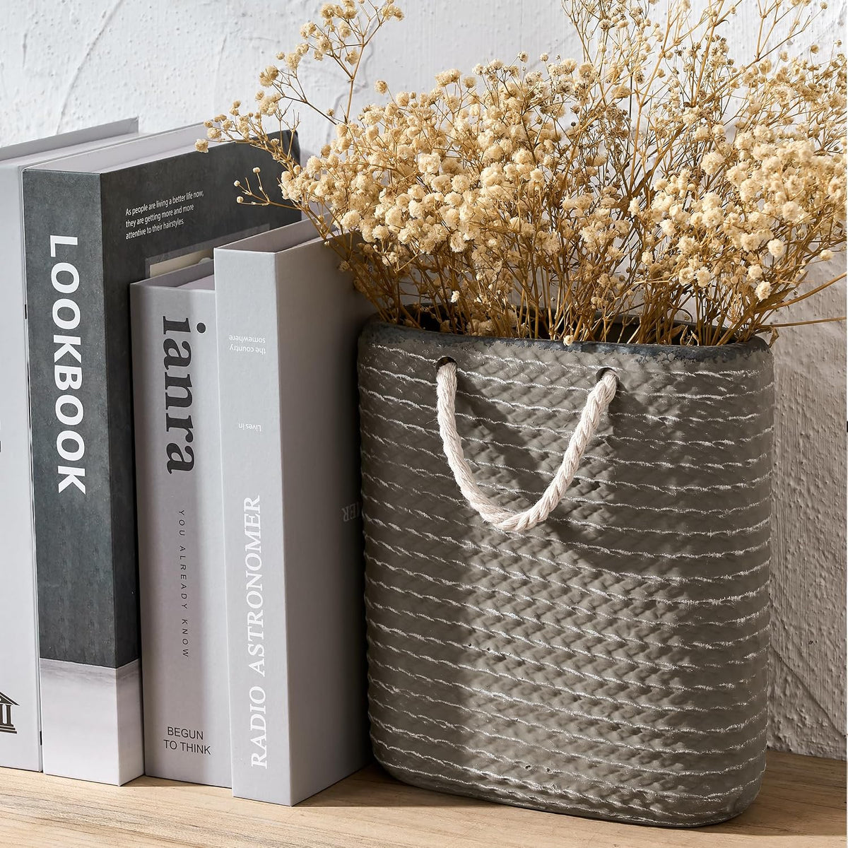 Vaseking 8 inch Ceramic Modern Minimalism Creative Vase with Hanging Rope