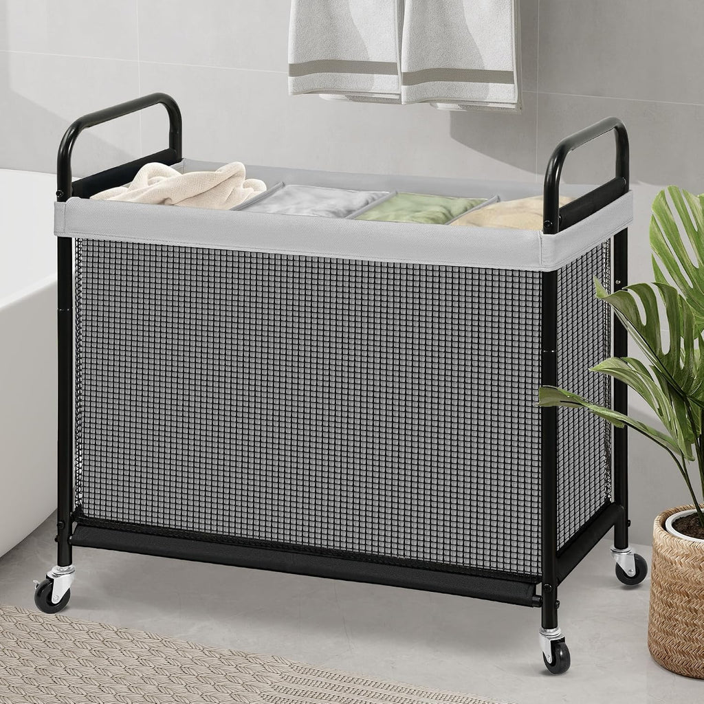 STO STO Laundry Hamper 4 Section, 140L Rolling Laundry Sorter Cart with Removable and Washable Liner Bag, Clothes Hamper with Wheels and Metal Handle for Laundry Room and Bedroom, Gray